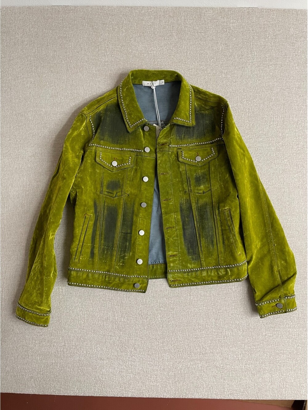 mnml Studded Acid Wash Velvet Denim Trucker Jacket Olive Green